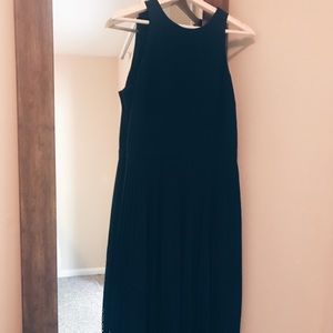 Navy Blue Laser Cut Curved Hem Midi Dress